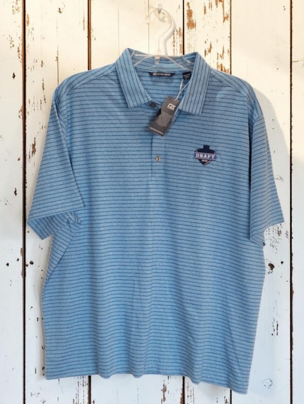 Cutter & Buck Size-XXL 2025 DRAFT Polo Light Blue with Stripes.